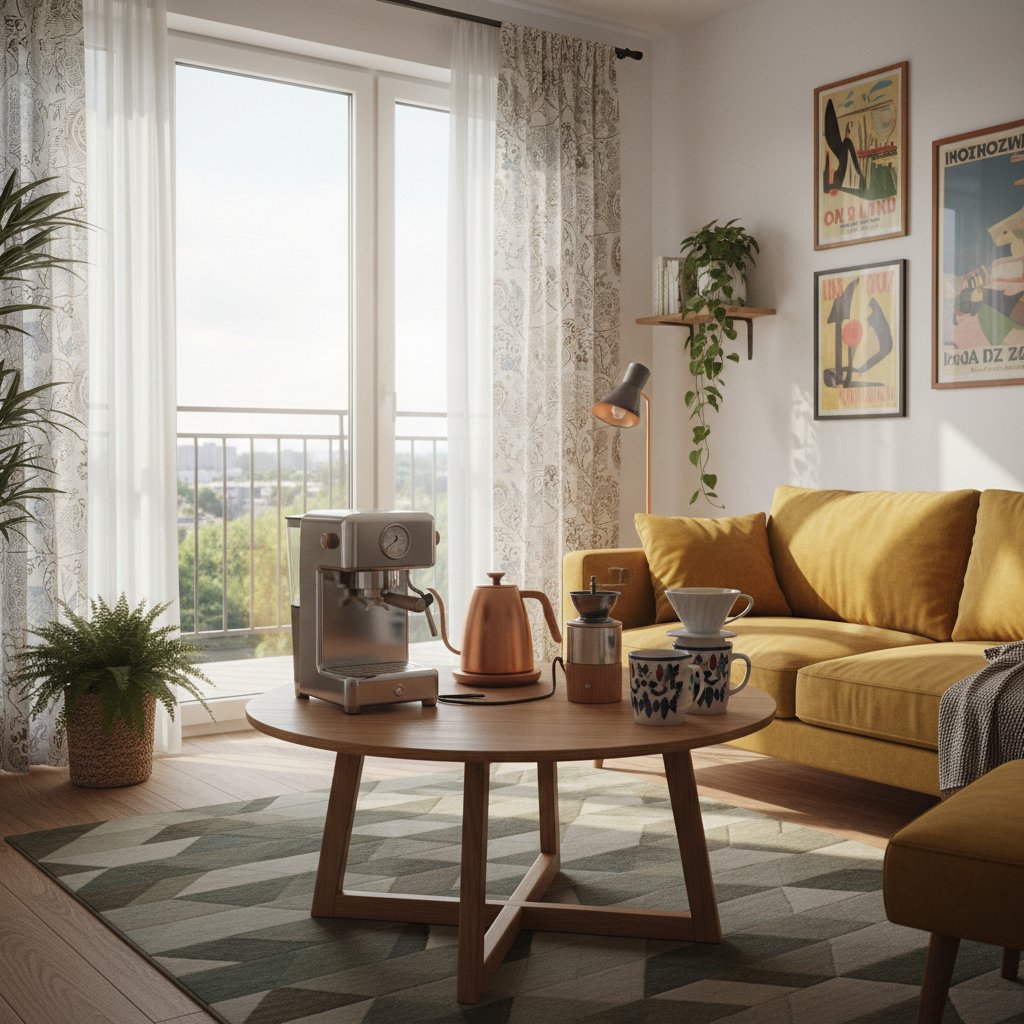Współczesny polski dom, retro i nowoczesny sprzęt do kawy, światło słoneczne, nostalgiczna atmosfera