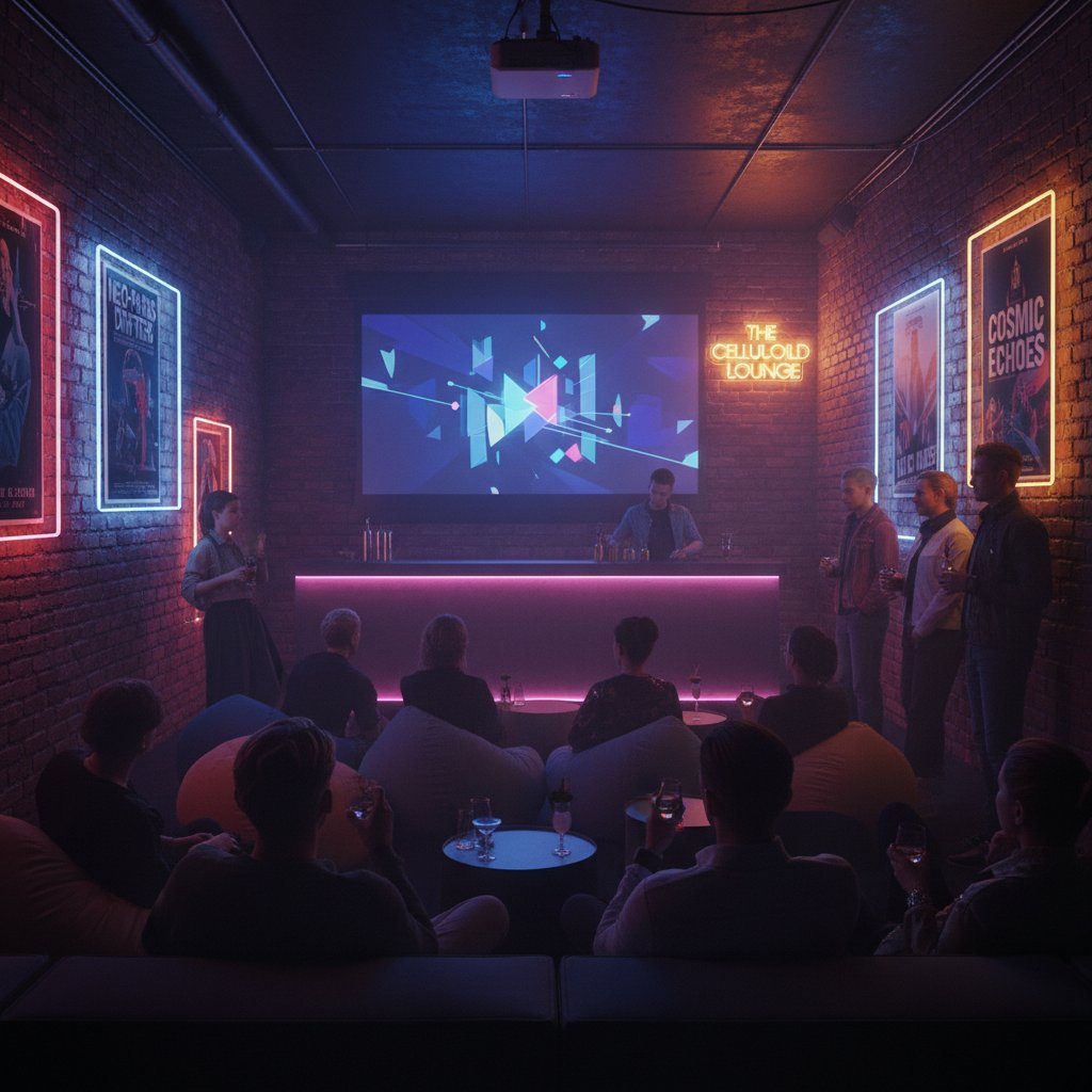 A hidden urban bar with a small crowd watching an underground film in 2025.