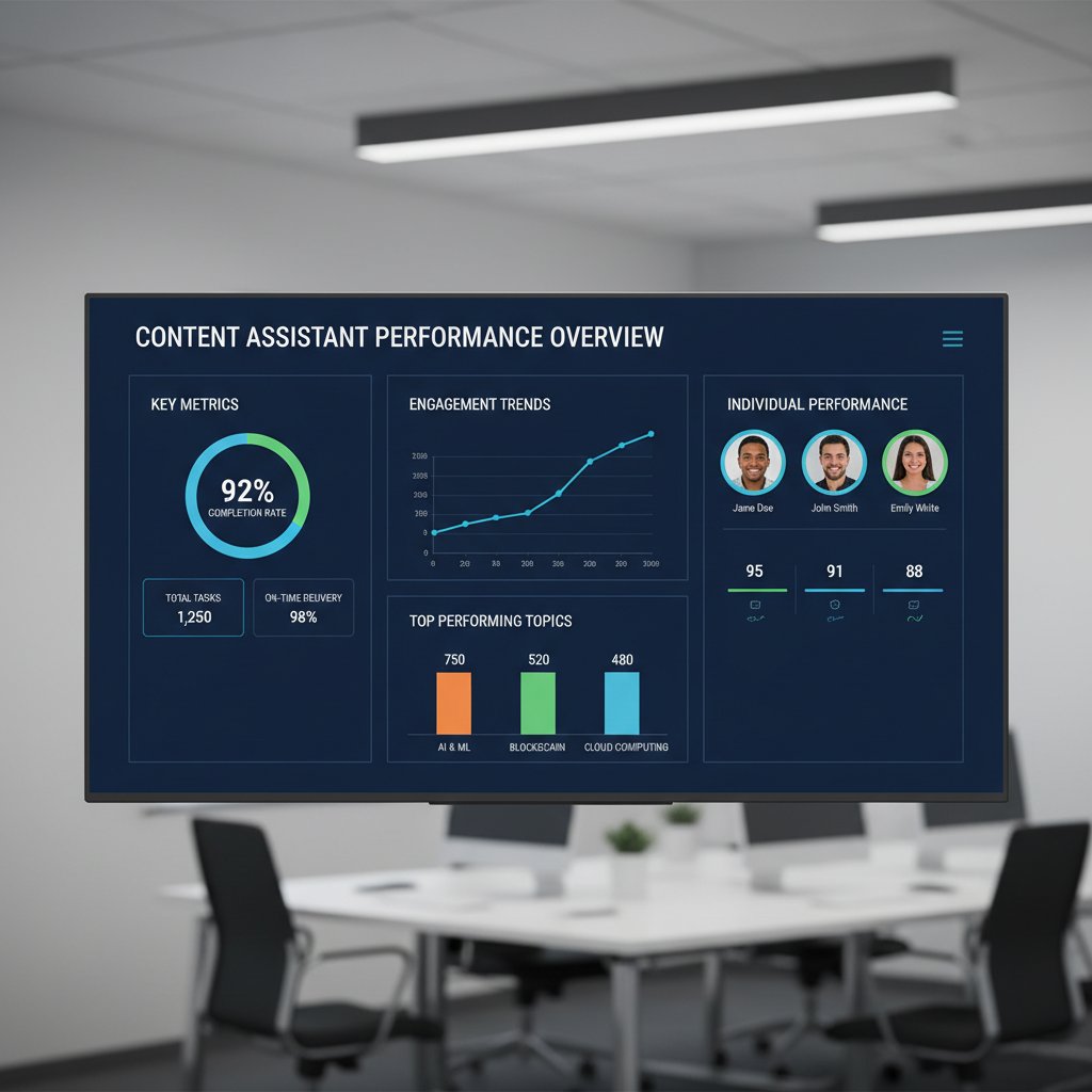 Content assistant performance dashboard with key metrics highlighted, showcasing digital content automation and workflow productivity