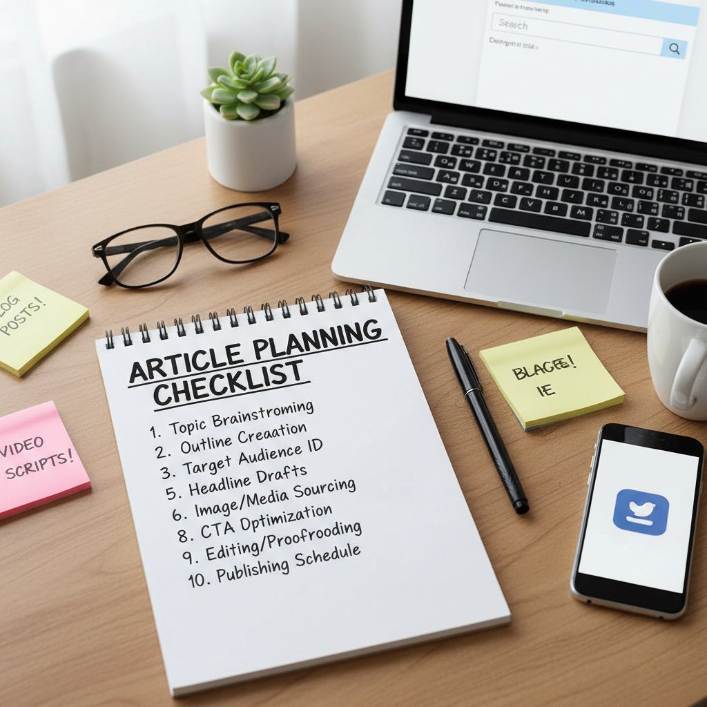 Twórca odhacza kolejne kroki na liście planowania artykułu przy biurku