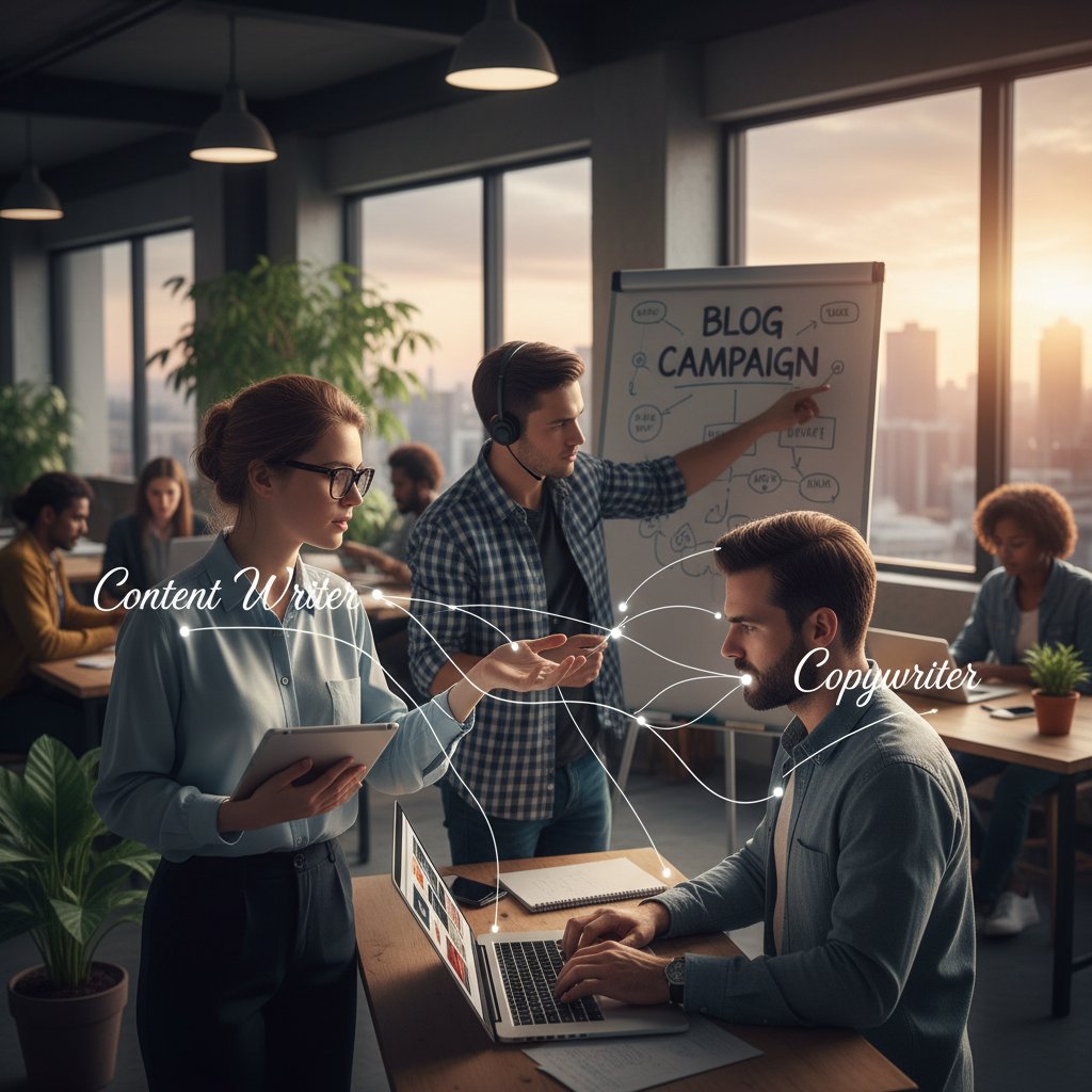 Content writer i copywriter współpracują przy kampanii blogowej