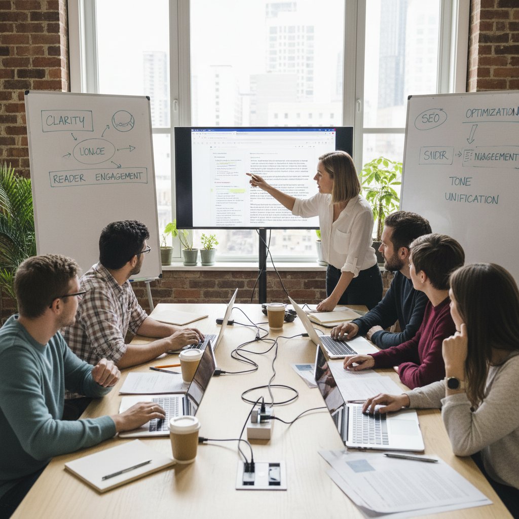 Zespół copywriterów przy stole, z laptopami i notatkami, analizujący wydruki tekstów – ilustracja procesu poprawy jakości treści w praktyce