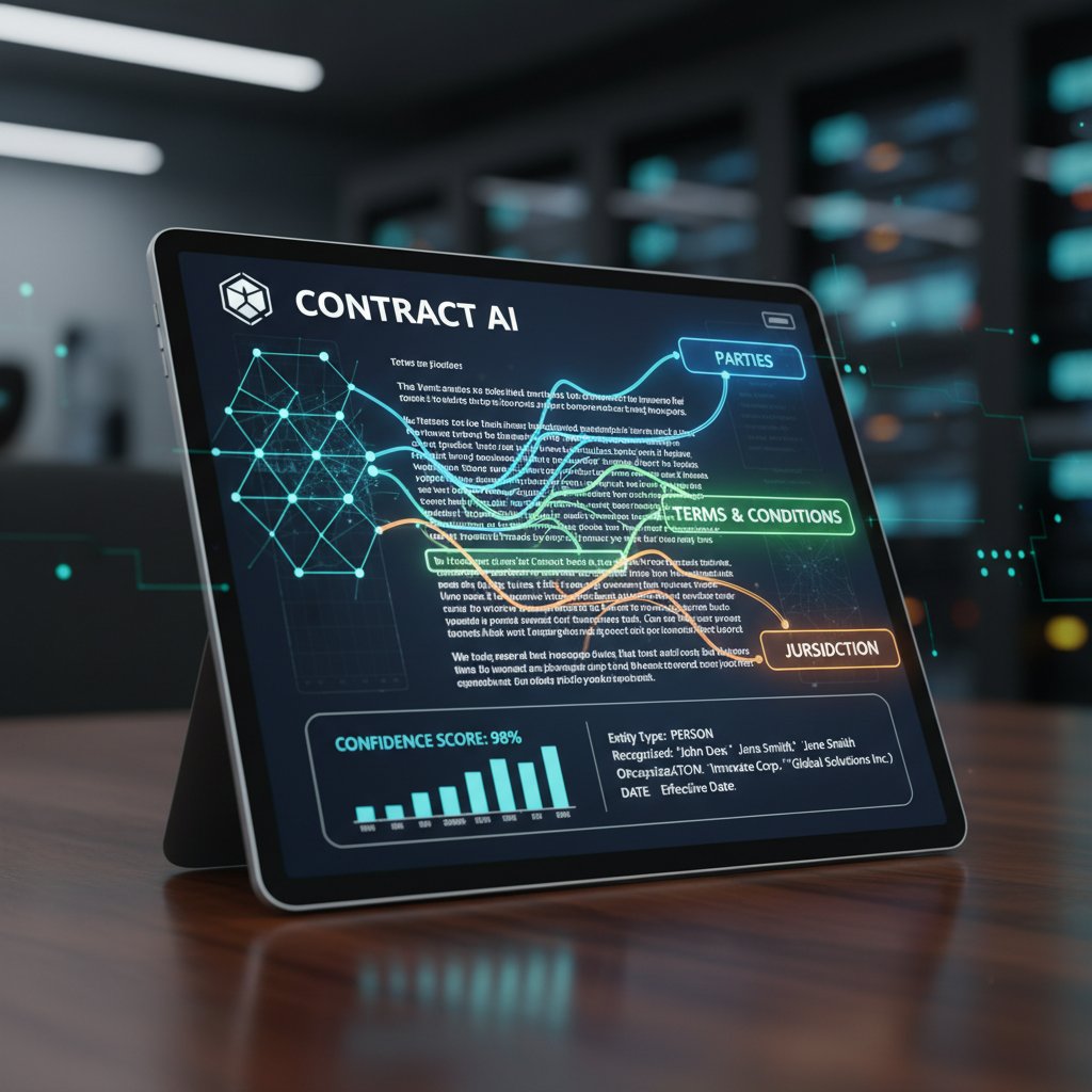 Close-up of a computer screen highlighting text in a contract with AI-recognized entities and sections