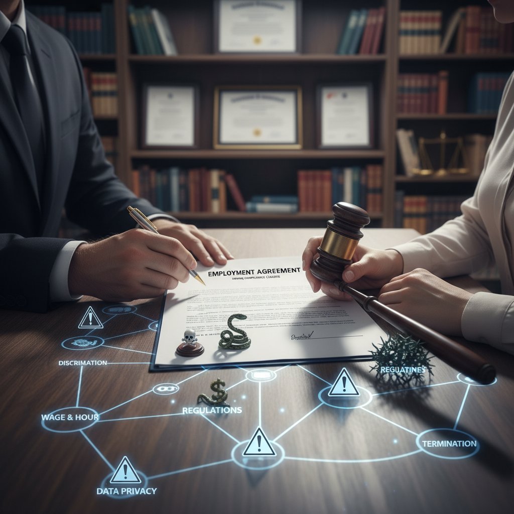 Editorial photo of a contract being signed, shadow of a gavel symbolizing legal risks in hiring