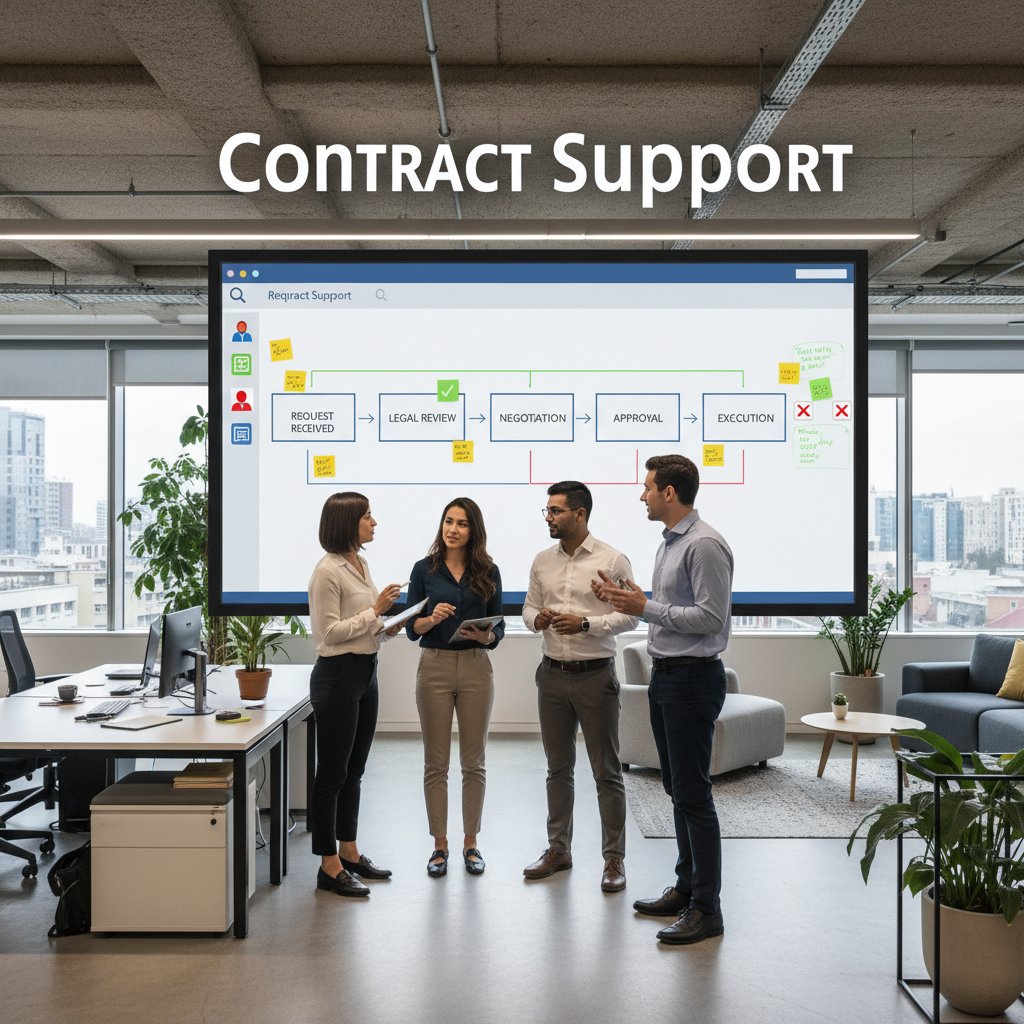 Diverse team gathered around a digital whiteboard, mapping a contract workflow in a modern office
