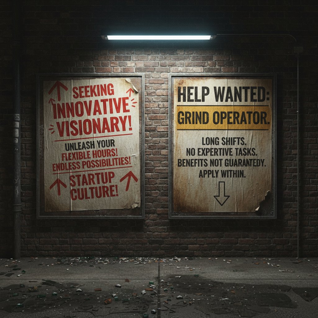 Photo of stack of contradictory job postings in gritty style, 16:9