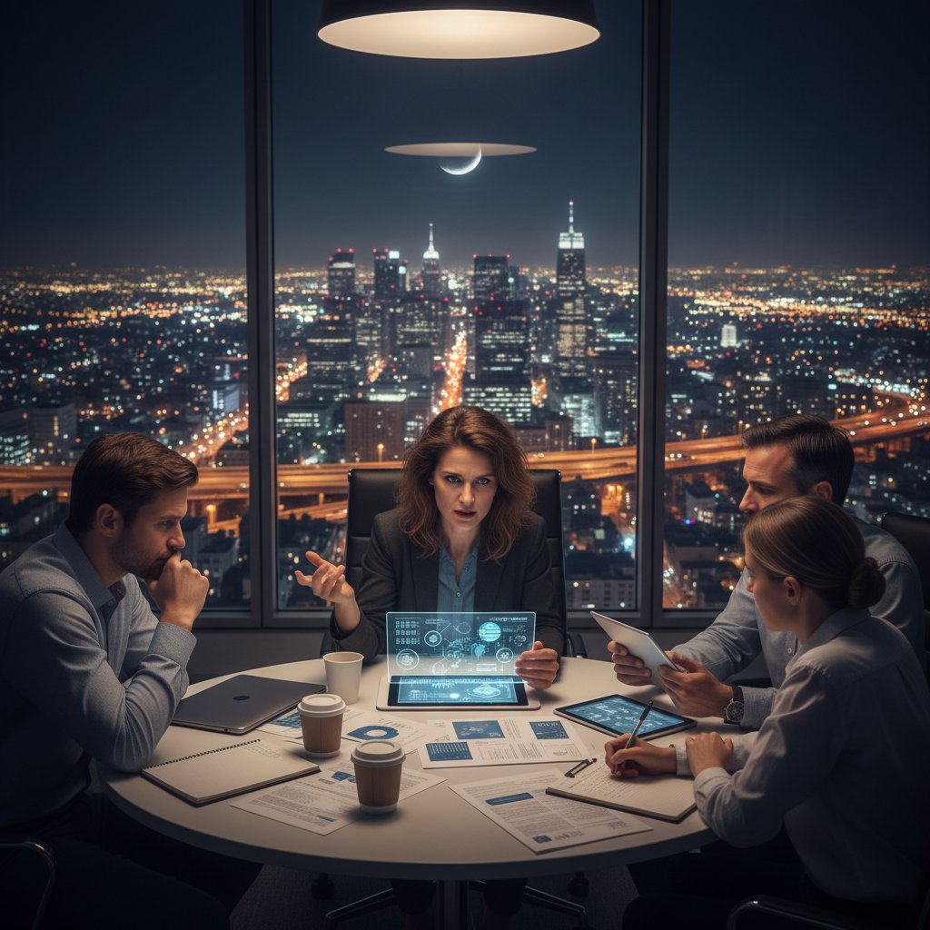 Contrarian researcher challenging academic consensus, lively discussion with peers, night cityscape in background