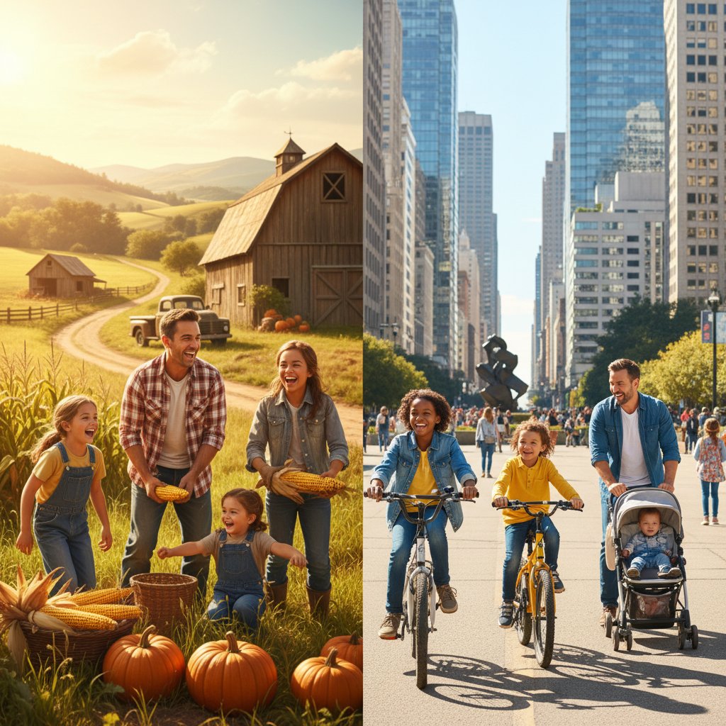 Kontrast między aktywnościami rodzin w mieście i na wsi, podział ekranu, żywe kolory, fit rodzina