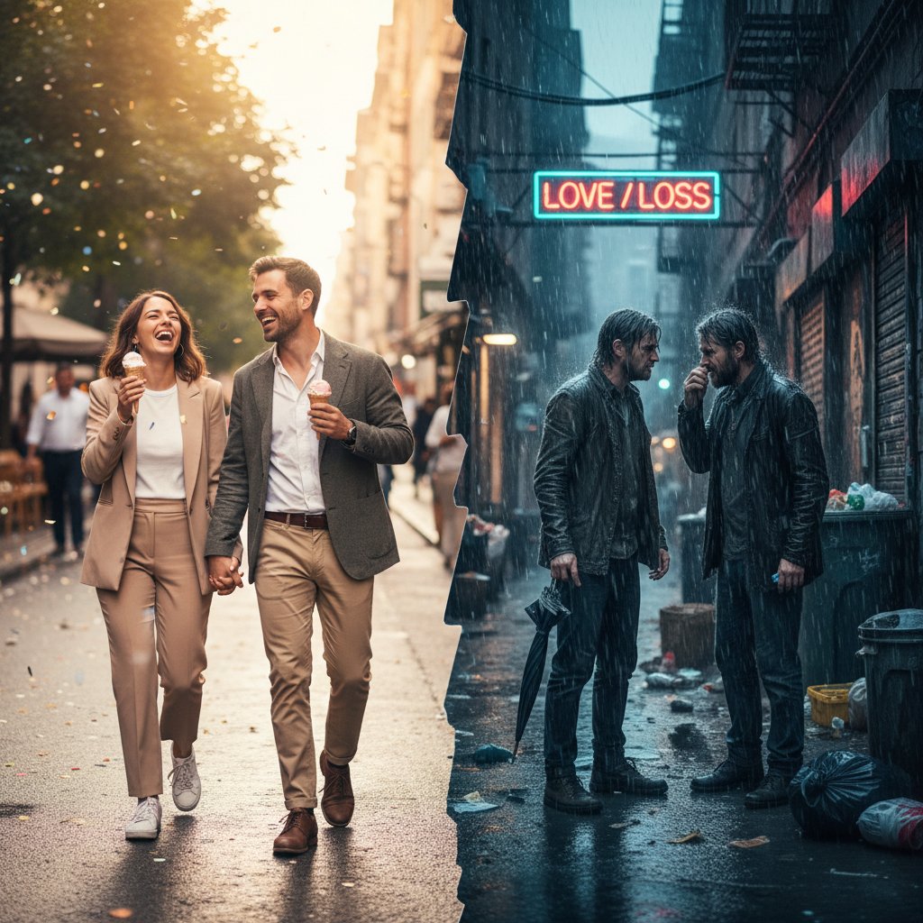 Contrasting couples experiencing dating highs and lows, visualizing the realities of modern dating