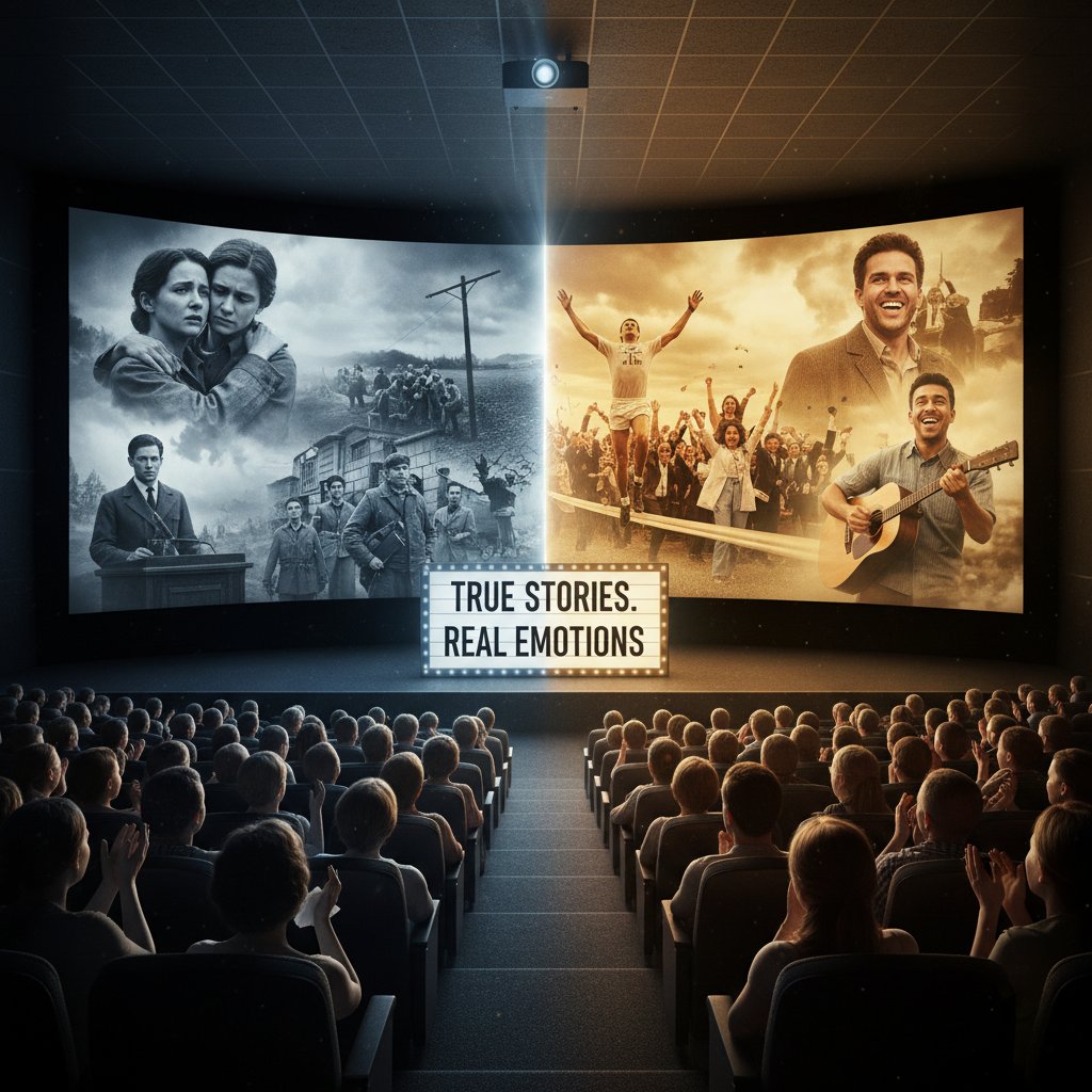 Contrasting emotions from true story movies in a cinema setting, empty seat with film stills showing joy and pain