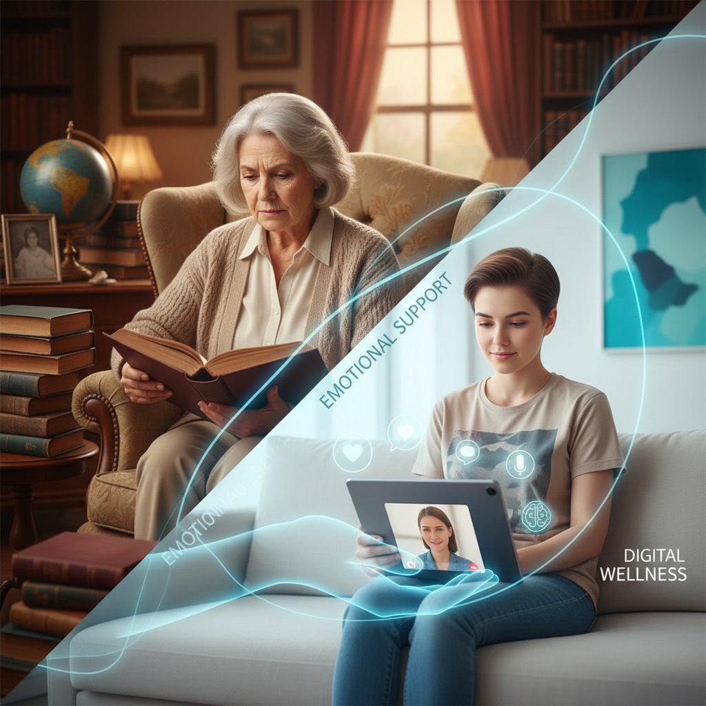 Zwei Generationen nutzen digitale Endgeräte für psychologische Unterstützung, kontrastierende Altersgruppen, moderne Wohnzimmer