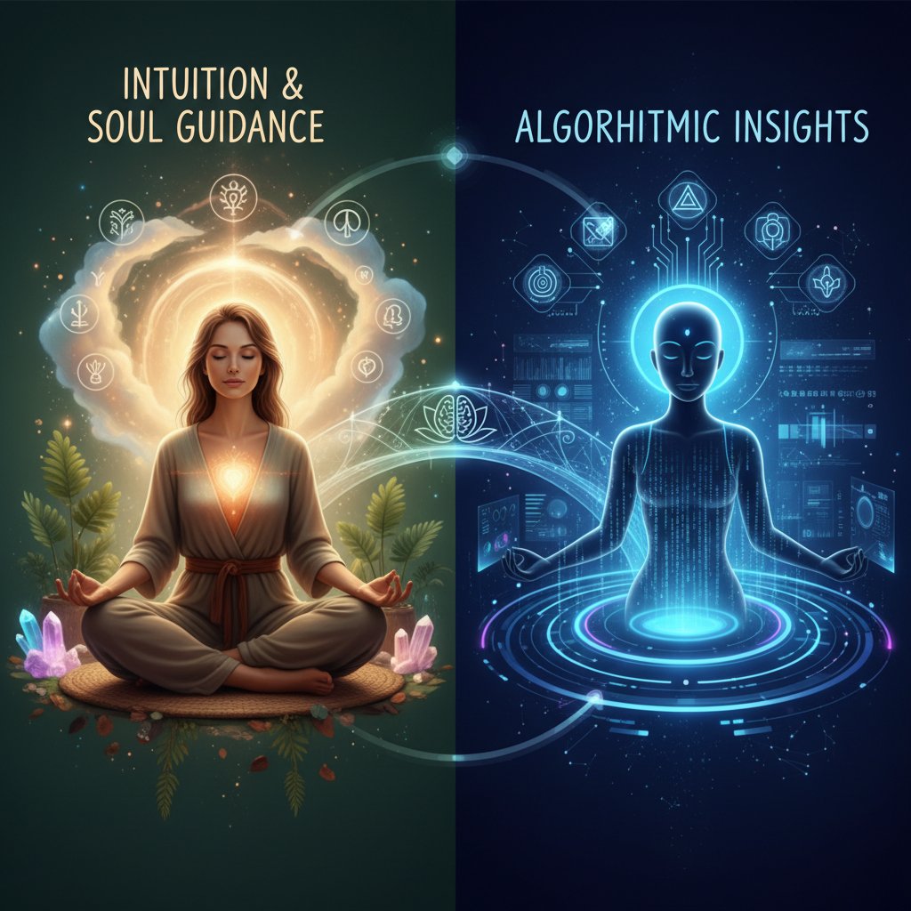 Gegenüberstellung Coach und KI-Beratung, symbolische Darstellung für spirituelle Beratung heute