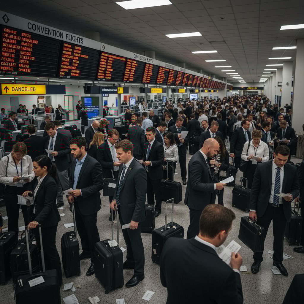 Crowds of business travelers with paper tickets and anxious planners at an early 1990s airport, group flight chaos