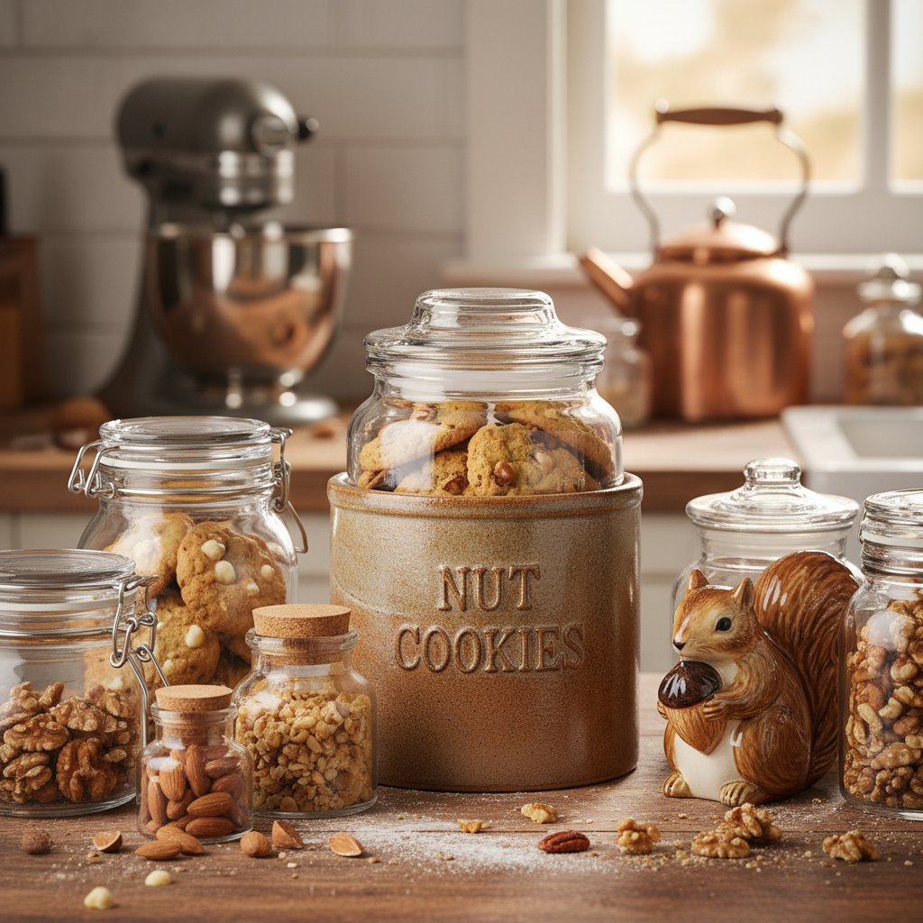 Pojemniki i słoiki na ciasteczka ustawione na kuchennym blacie, ciasteczka w środku, etykiety opisowe