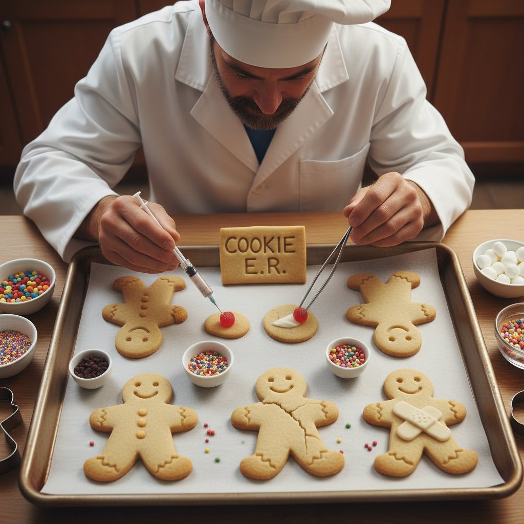 Piekarz naprawiający nieudane ciasteczka, zbliżenie na dłonie