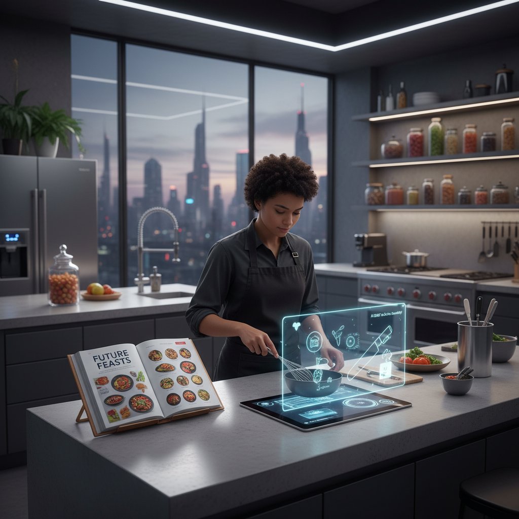 Podsumowująca scena: osoba gotująca w nowoczesnej kuchni, korzystająca jednocześnie z książki kucharskiej i aplikacji AI