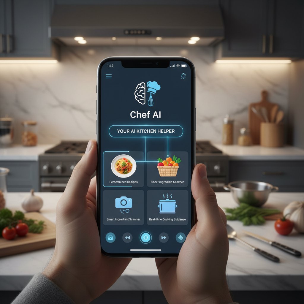 Zdjęcie osoby korzystającej z aplikacji kulinarnej na telefonie podczas gotowania, słowa kluczowe: aplikacja kulinarna, AI, kucharz.ai