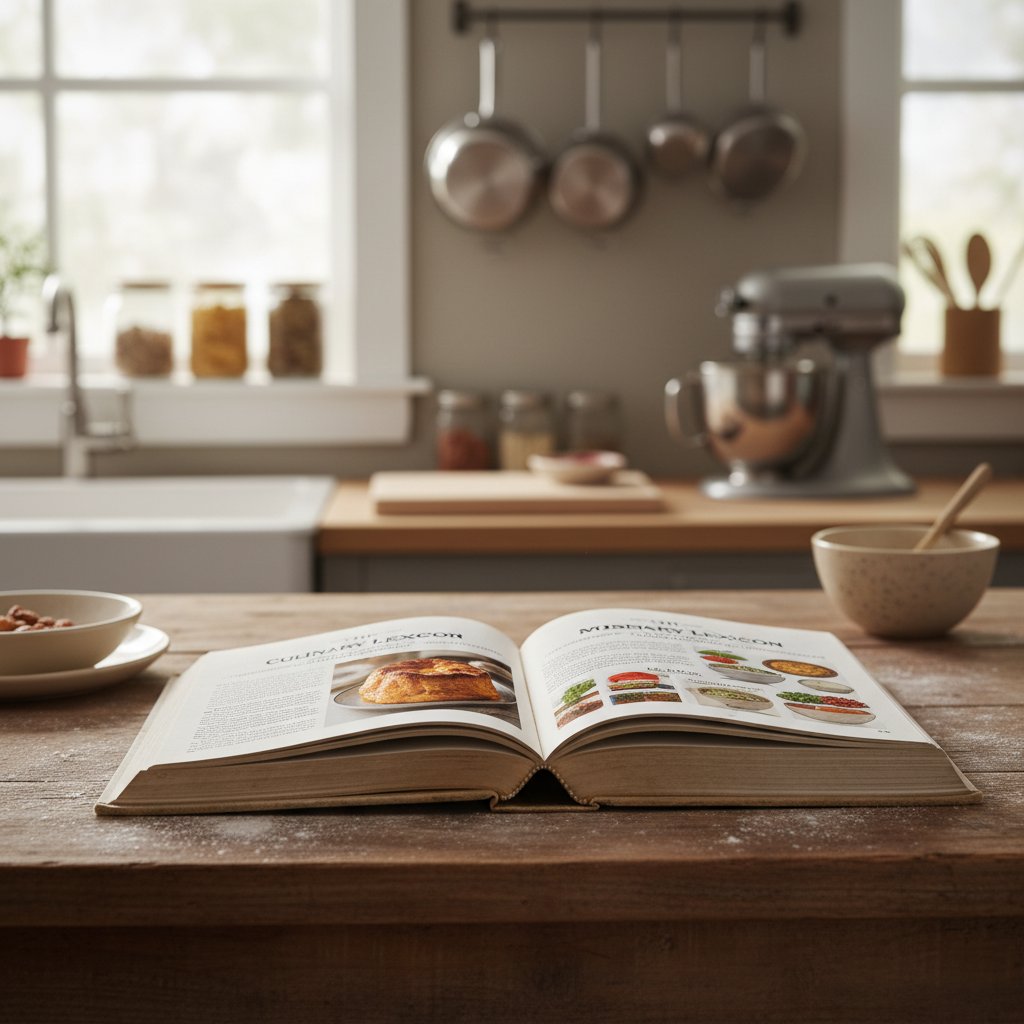 Zdjęcie słownika kucharskiego, otwarta książka, ręka wskazująca definicje, kuchenne tło