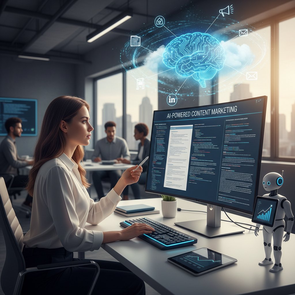 Zdjęcie copywritera pracującego z AI nad treściami marketingowymi