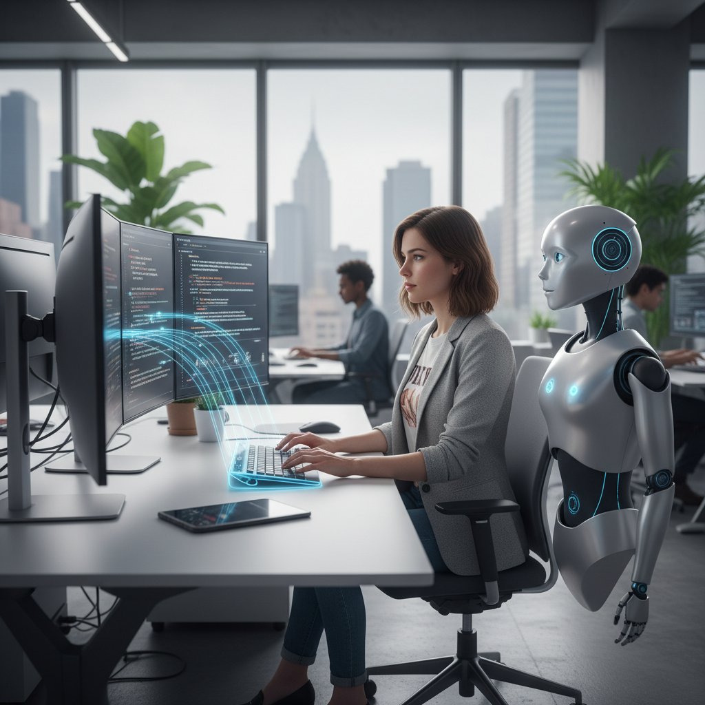 Młody copywriter i ekran z AI poprawiającym tekst, oboje analizują ten sam akapit