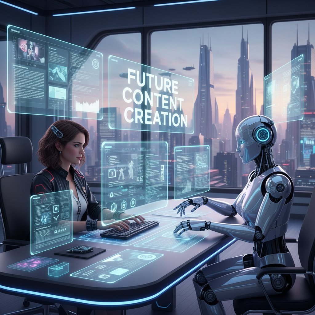 Copywriter pracujący ramię w ramię z robotem przy biurku, wizja przyszłości tworzenia treści