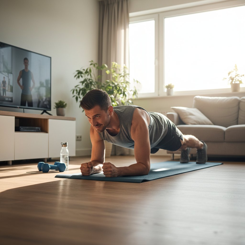 Pacjent wykonujący ćwiczenie na stabilizację tułowia w domowym otoczeniu