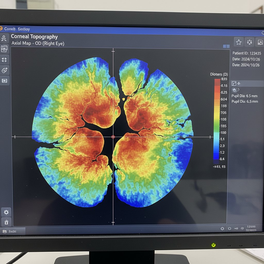 Zbliżenie na wyniki topografii rogówki na monitorze z podświetlonymi parametrami