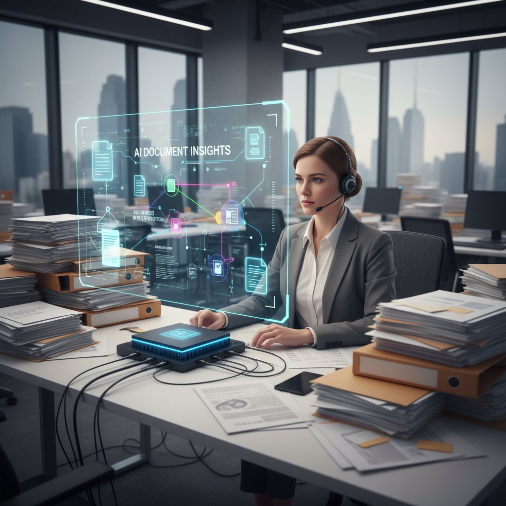 A corporate analyst surrounded by stacks of paper, transitioning to using a laptop with AI-powered document analysis