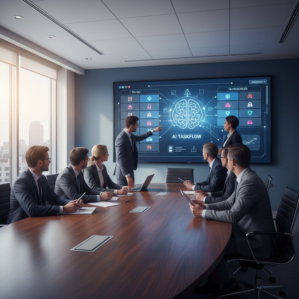 Corporate boardroom with professionals collaborating, digital screen showing AI task management, representing enterprise team with online employee