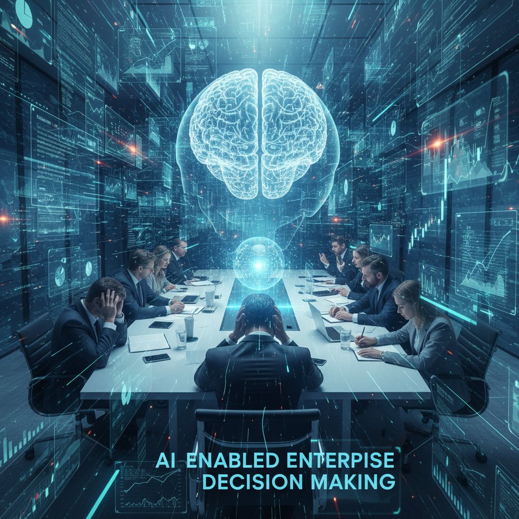 Corporate boardroom chaos with data streams and overwhelmed decision makers, AI enabled enterprise decision making