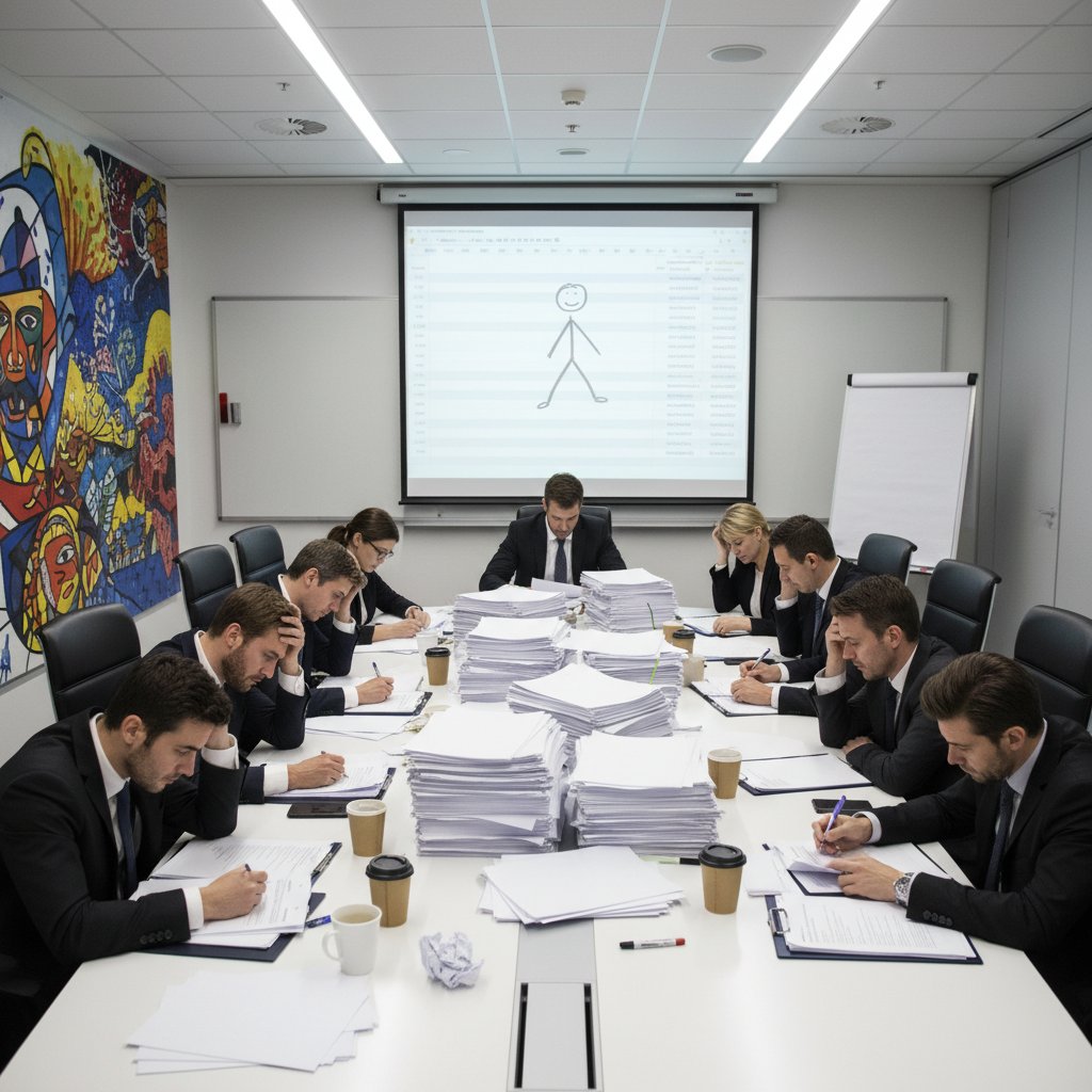 Korporacyjne biuro, długa narada, stosy papierów i komputery, sztampowa atmosfera zabijająca kreatywność