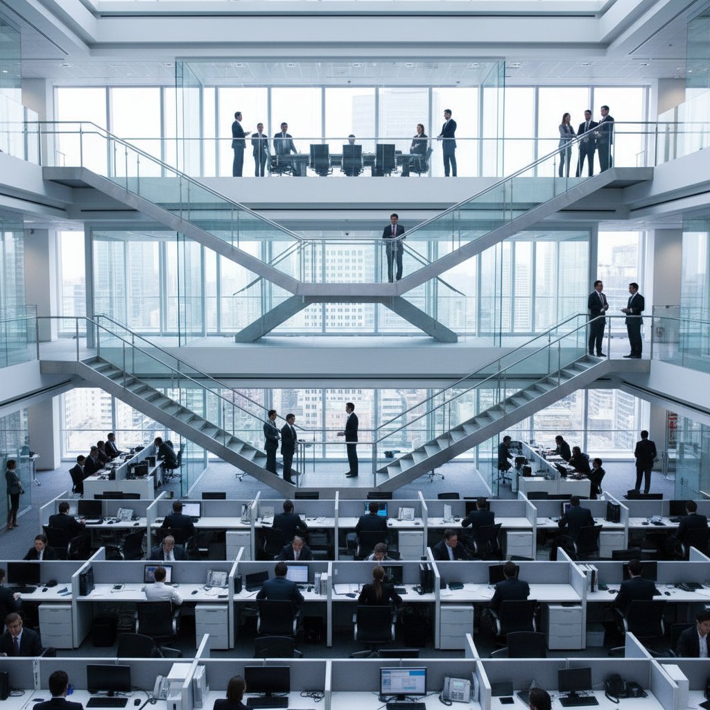 Korpo biuro, widoczna hierarchia, formalny ubiór, dystans pomiędzy ludźmi