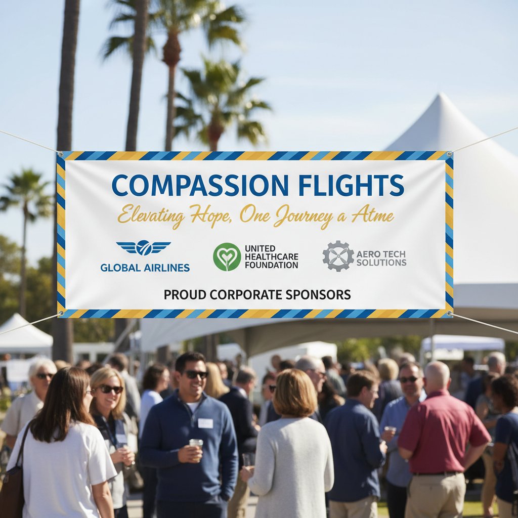 Corporate sponsor banners at a charity flight event highlighting contrast between branding and emotion
