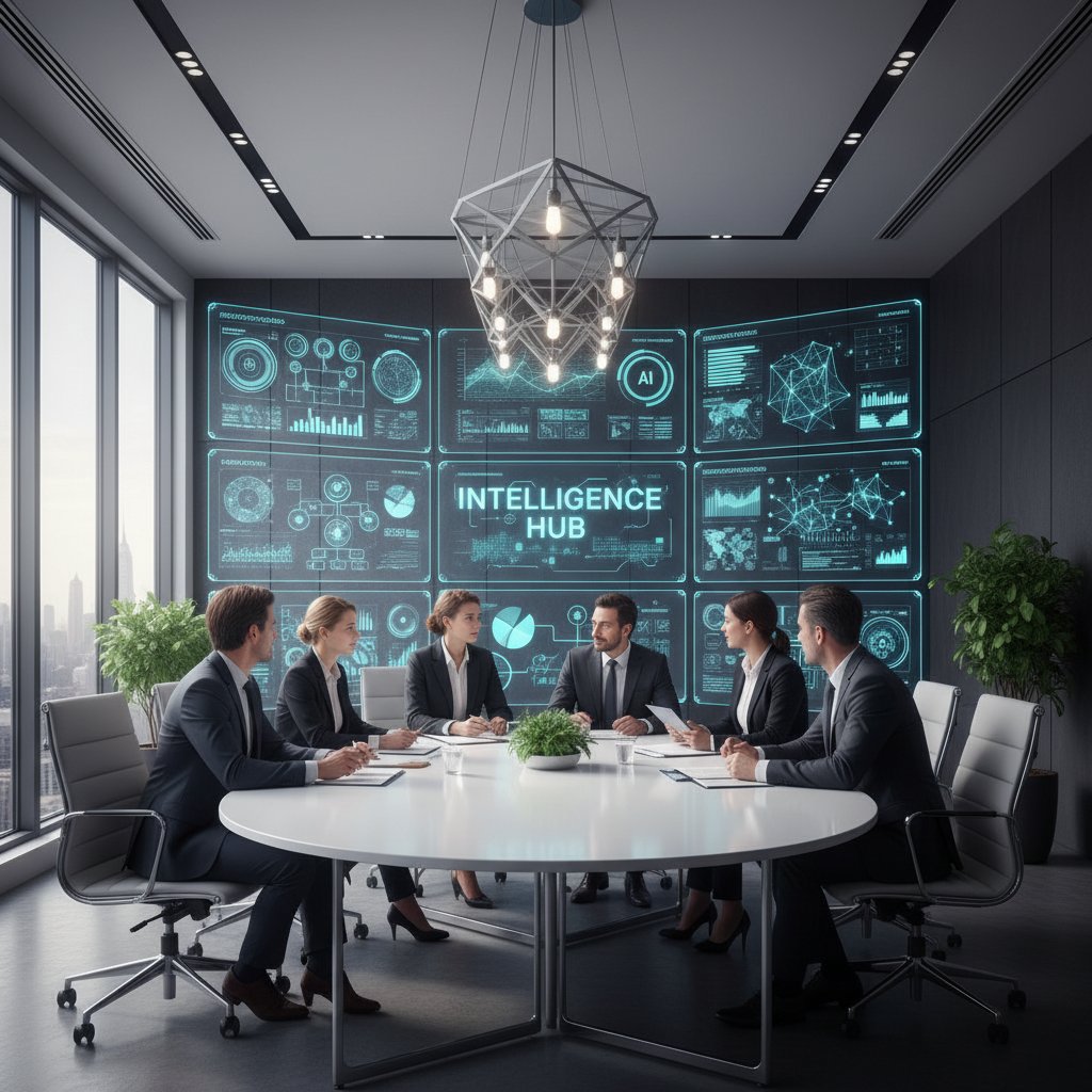 Corporate team using AI dashboards for research and analysis in a modern boardroom