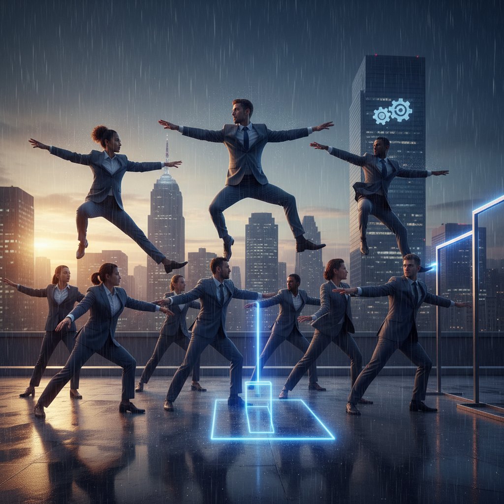 Zdjęcie zespołu korporacyjnego biorącego udział w ćwiczeniu psychodramatycznym w sali konferencyjnej