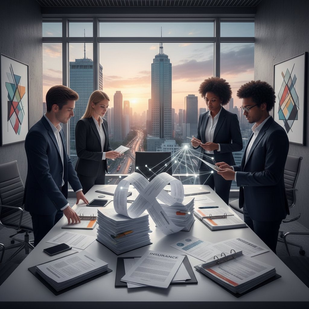 Corporate team reviewing insurance documents in modern office, illustrating intersection of liability, property, and cyber insurance