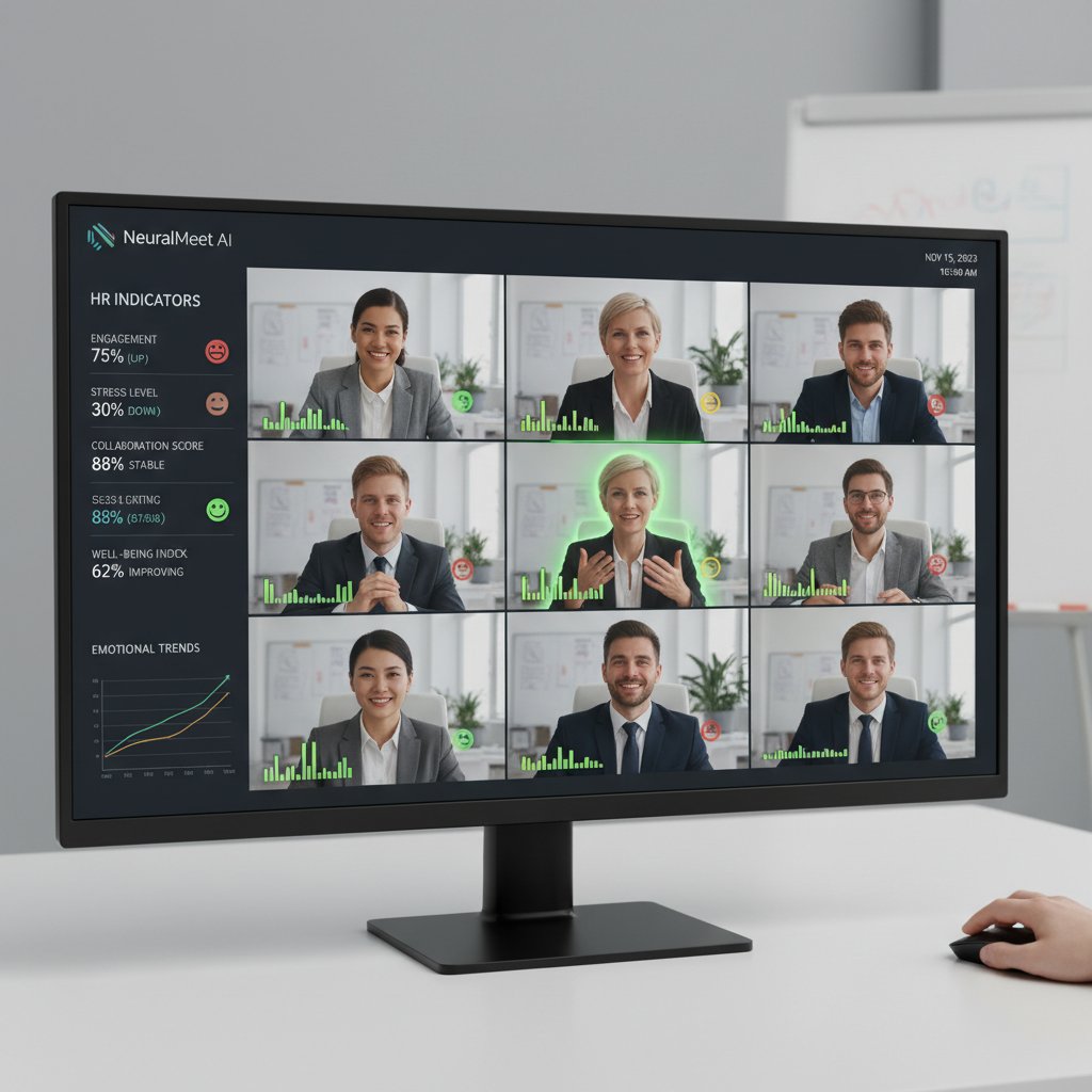 Zespół korporacyjny podczas spotkania online, AI analizująca emocje, wskaźniki HR