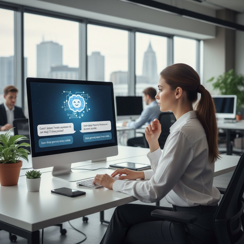 Pracownik korporacji korzysta z czat.ai podczas pracy nad dokumentem firmowym