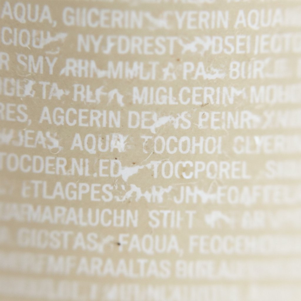 Makrofotografia etykiety składników kosmetyku z trudnymi do odczytania nazwami, chemia kosmetyczna online