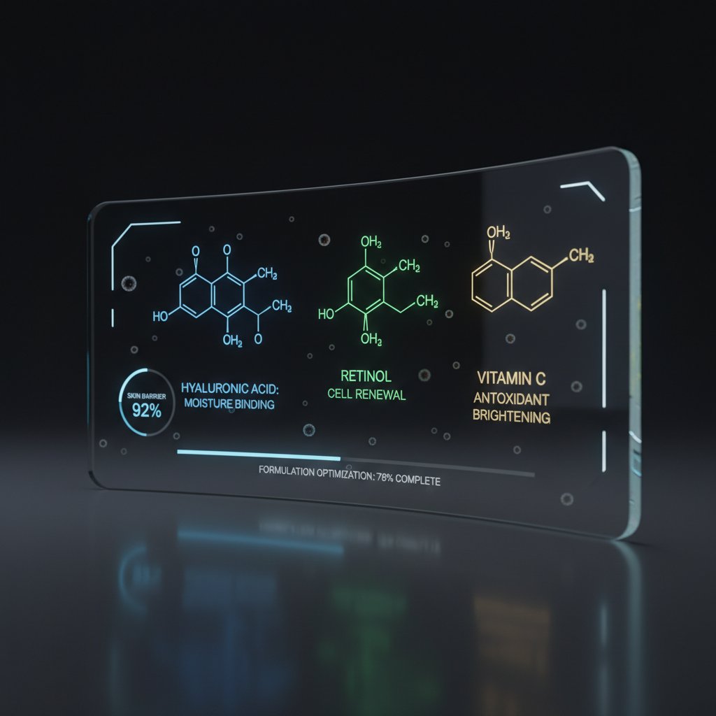 Różnorodne składniki kosmetyczne wyświetlane na nowoczesnym ekranie tabletu w świetle laboratoryjnym, chemia kosmetyczna online