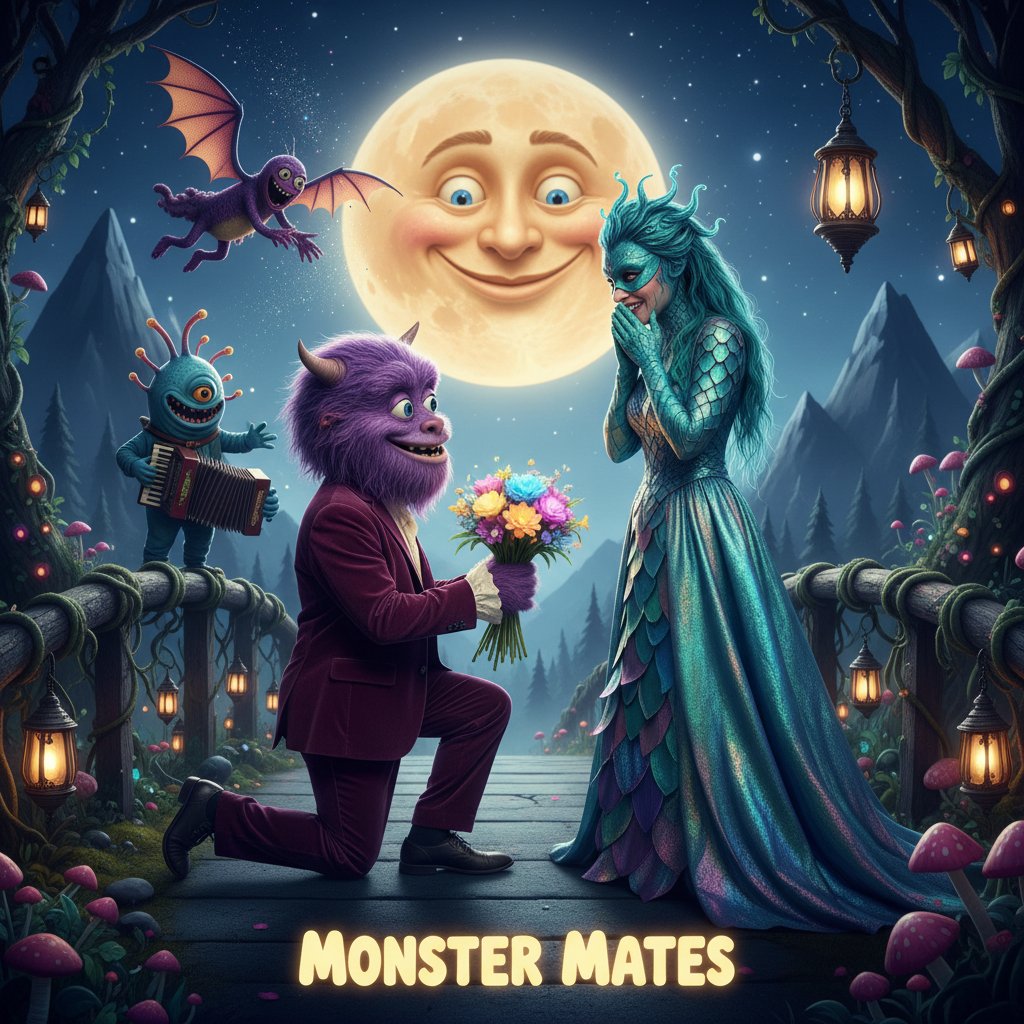 A whimsical photo of costumed actors in monster suits embracing on set, reflecting comedy and romance in monster movies