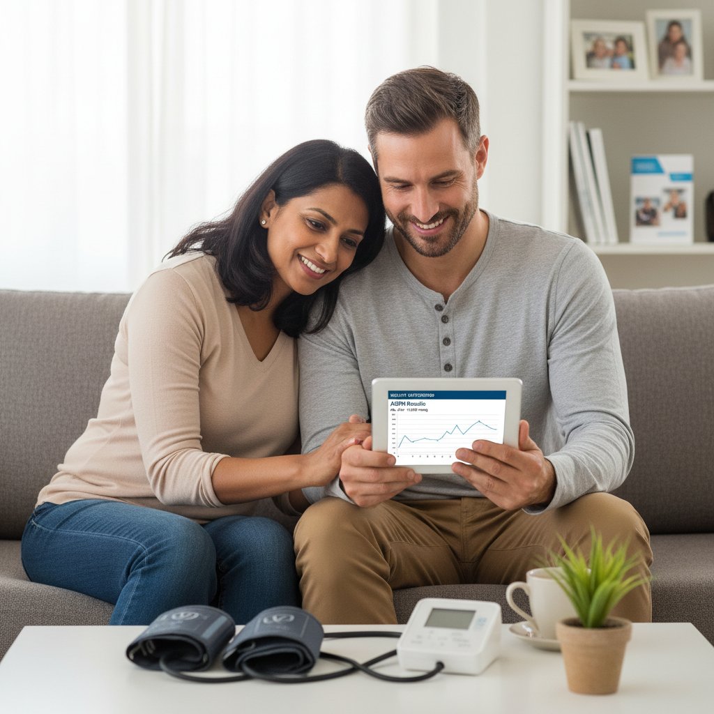 Para analizująca wyniki ABPM przy stole w mieszkaniu, atmosfera zaufania i współpracy
