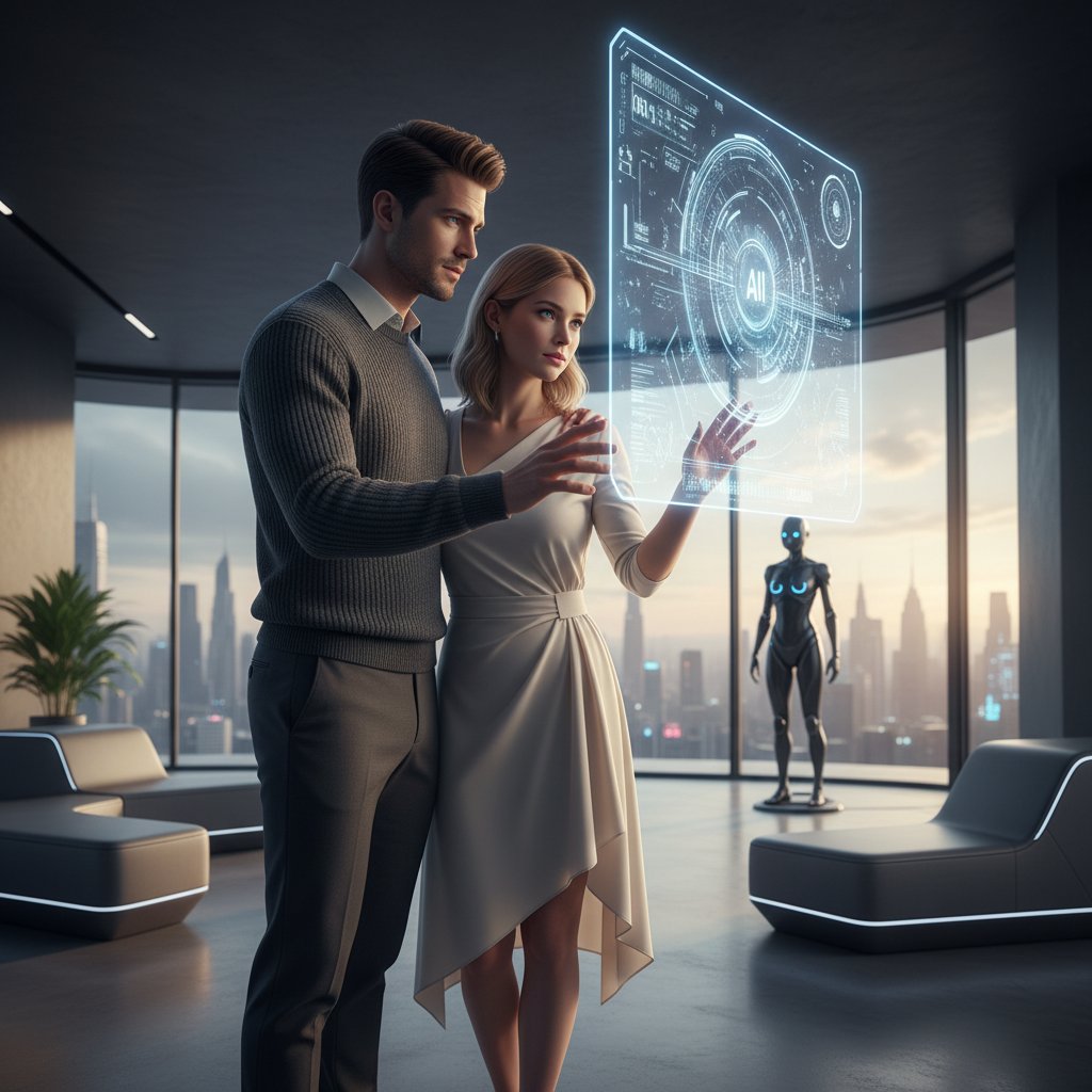 Para rozmawiająca z AI w nowoczesnym wnętrzu, relacje człowiek-maszyna, słowa kluczowe AI relacje