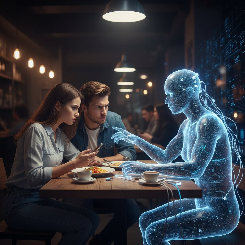 Paar und KI-Avatar am Tisch, symbolisiert Konflikt zwischen realer und digitaler Beziehung