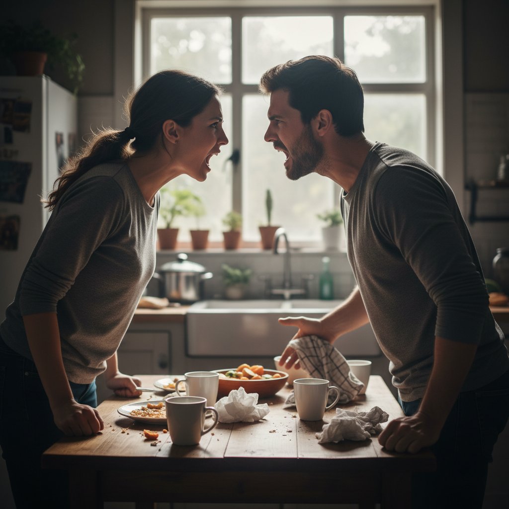 Couple argument kitchen raw emotion eye contact