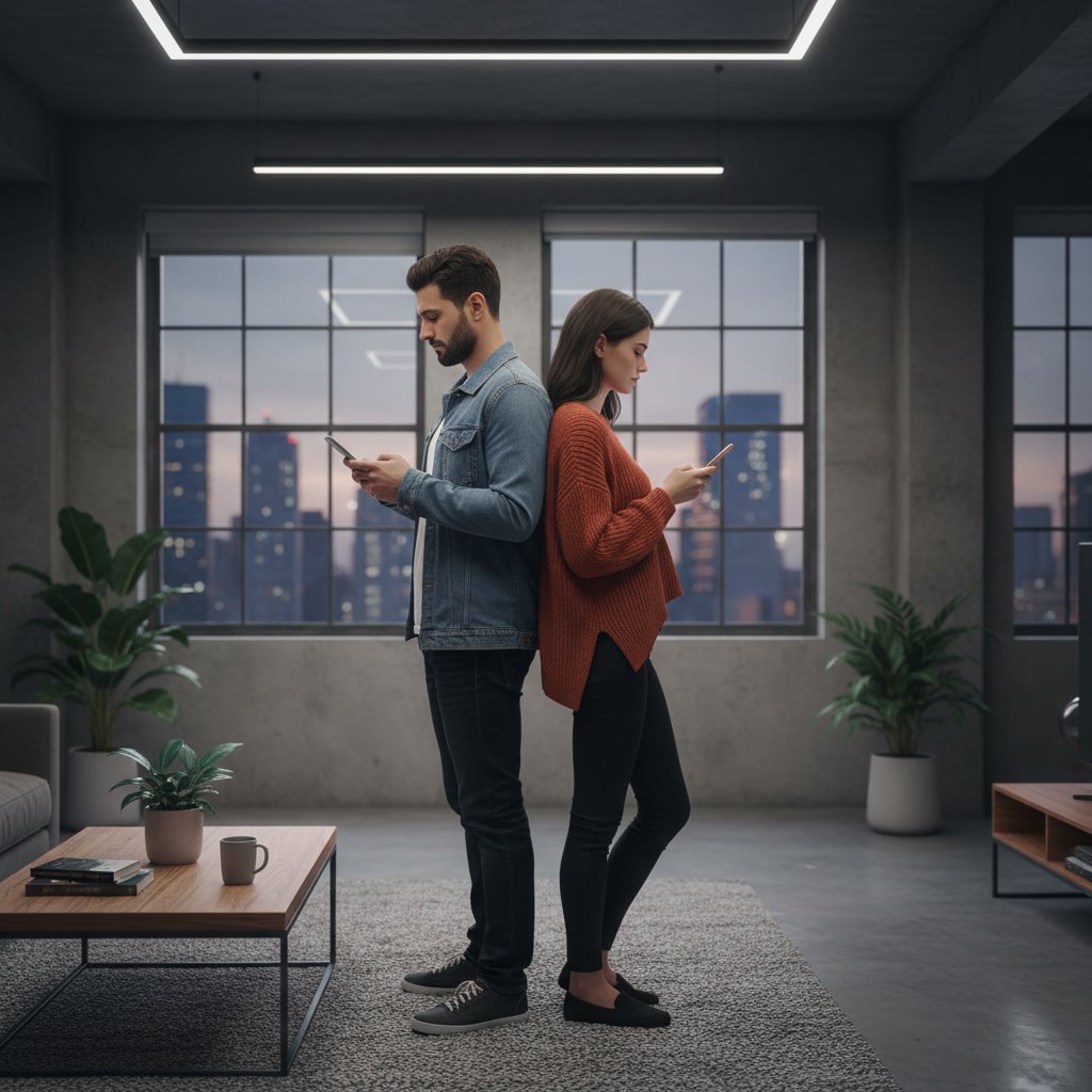 Para siedząca tyłem do siebie na kanapie, każde zapatrzone w telefon, zimne światło wnętrza, odzwierciedlenie dystansu i braku więzi