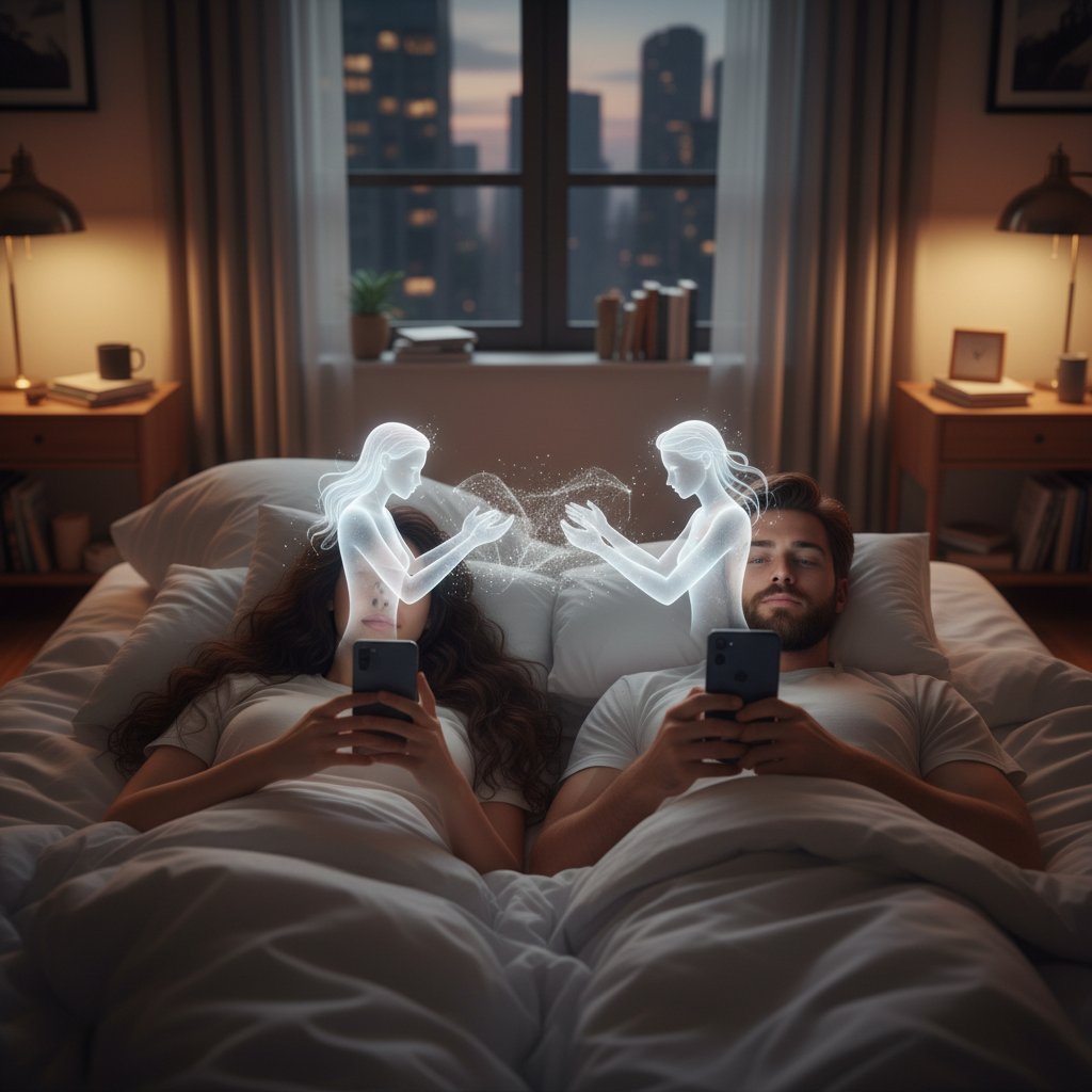 Para rozmawia przez smartfony w łóżku, każde z nich uśmiecha się do ekranu z AI awatarem, klimat intymności