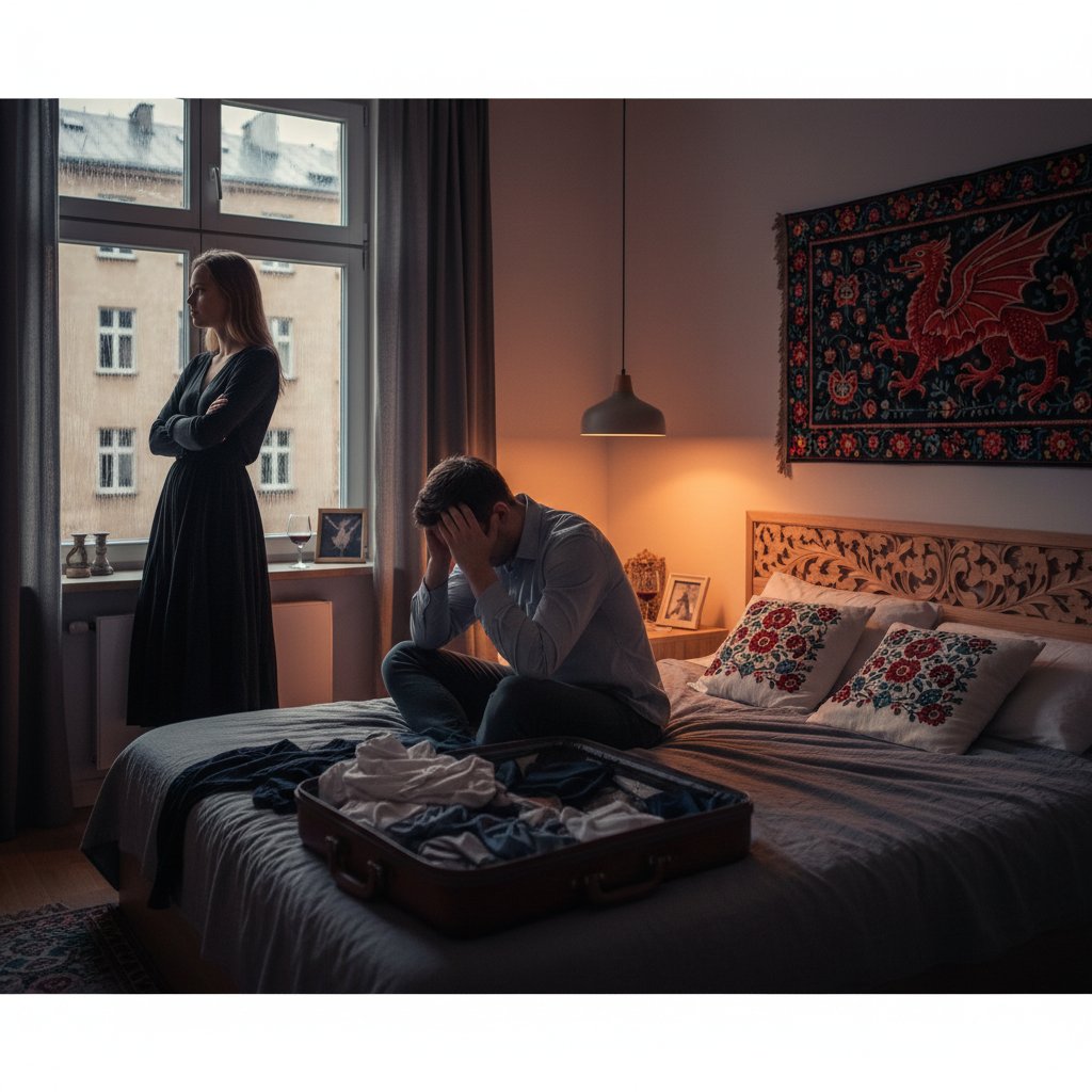 Para siedzi tyłem do siebie na łóżku, widoczne napięcie w postawie, polskie mieszkanie, wieczorne światło