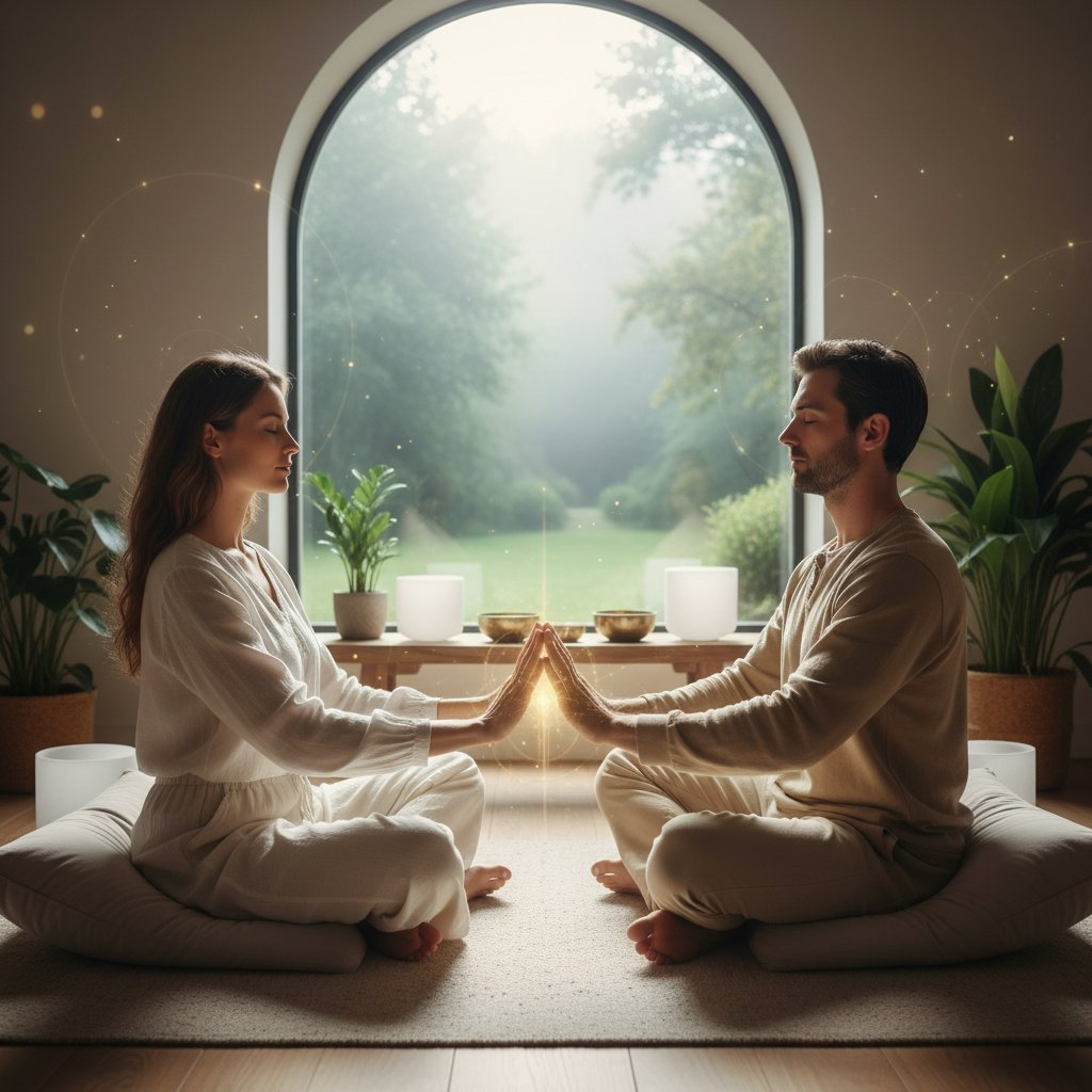 Para praktykująca wspólne techniki oddechowe i medytacyjne