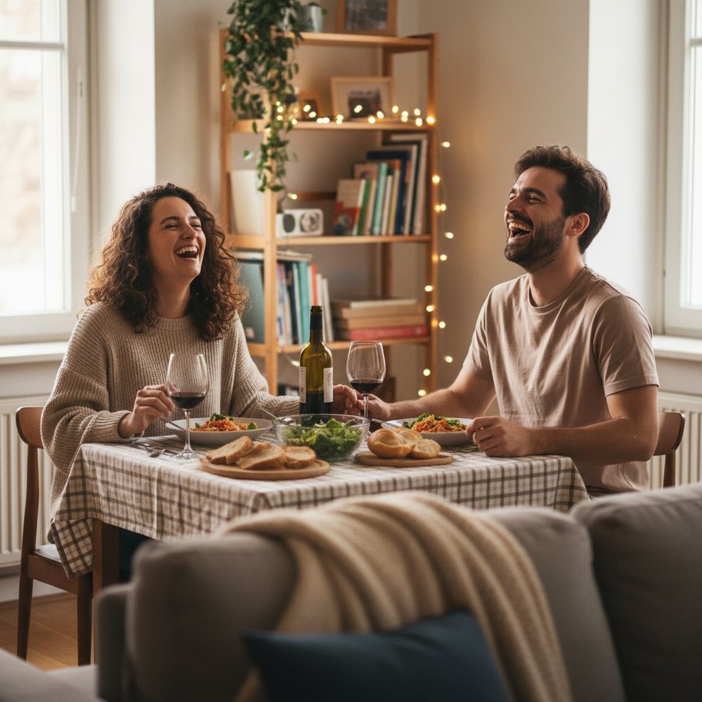 Couple enjoying a budget-friendly home-cooked date, laughing over shared meal, first-time relationship advice, finance
